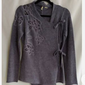 Anthropologie Moth Purple Wool Linen Lace Wrap Bow Tie Sweater Cardigan medium